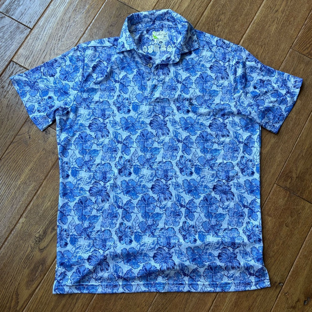 Tailor Byrd Blue Floral Hawaiian Polo Shirt Size S